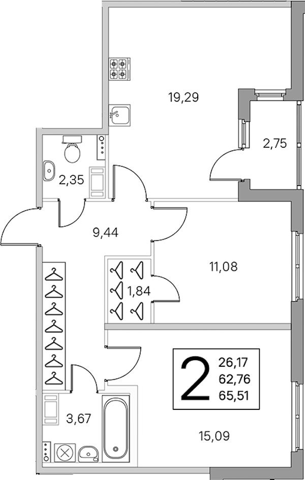 2-комнатная квартира 64.14 м², 2/4 эт., ЖК «Любоград в Стрельне»